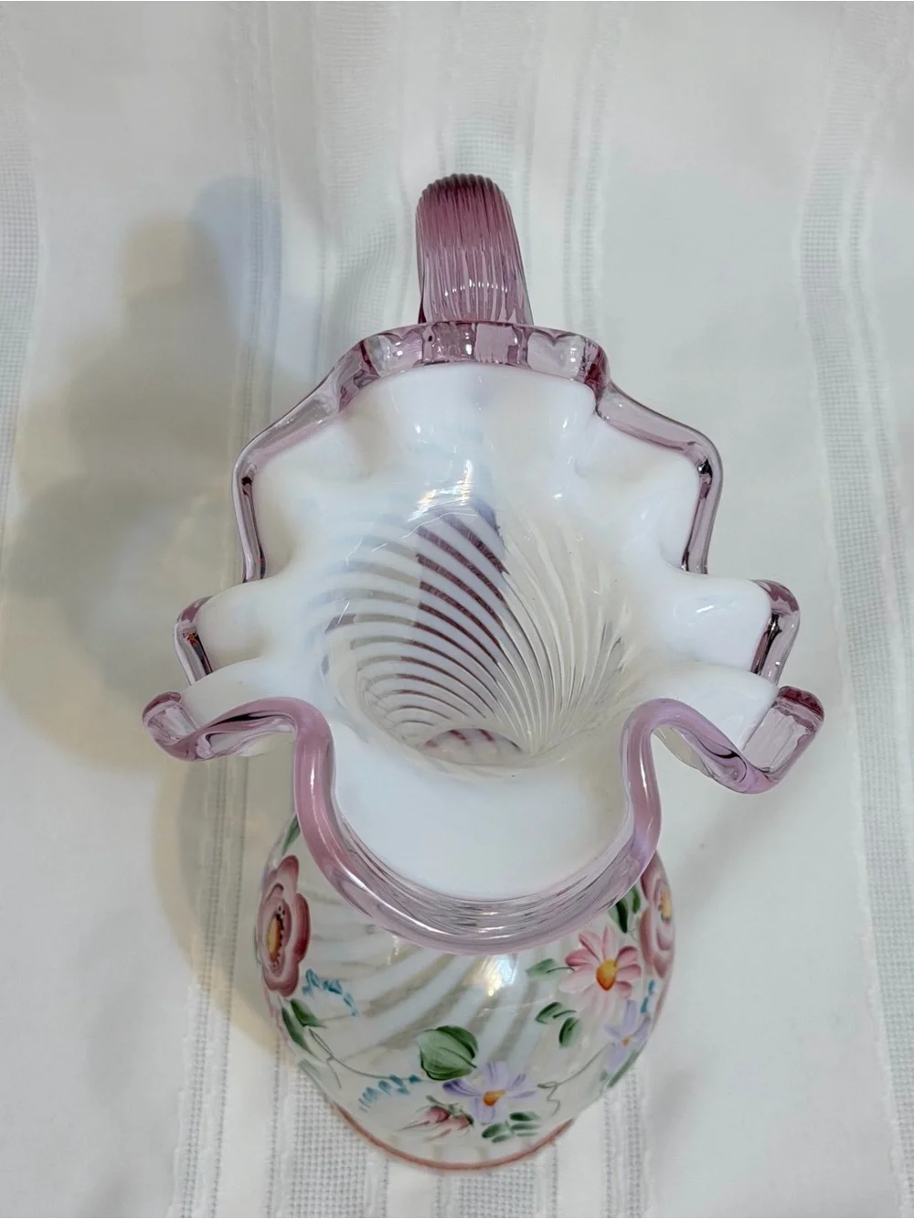 Fenton 1996 Commemorative Opalescent Purple Wavy Rim Hand Painted Pitcher Vase